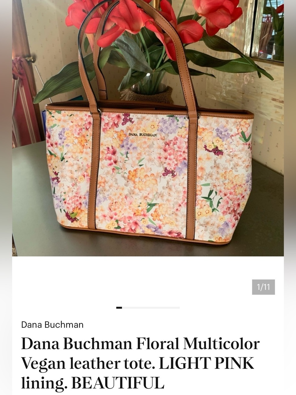 #2815*”10x15”Dana Buchman Floral Multicolor Shoulder Tote W/Tan Trim